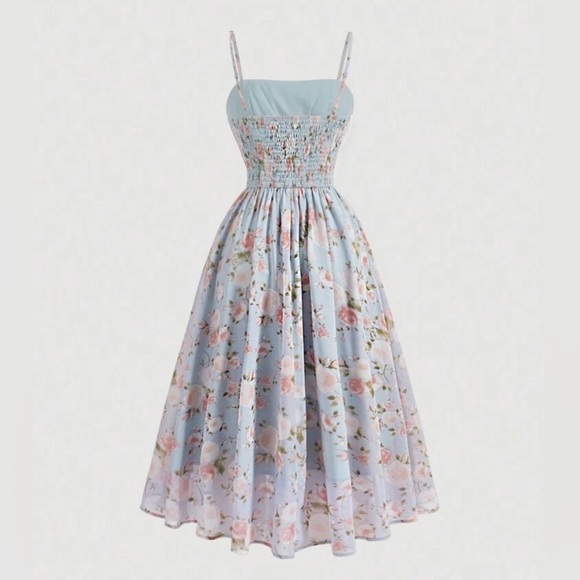 Blue Floral Printed Ruched Bust Cup & Bowknot Decorated Spaghetti Strap Dress - Picture 2 of 4